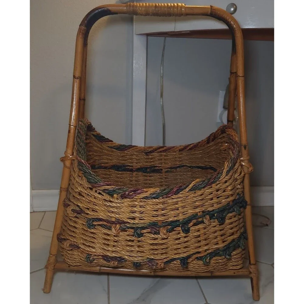 Vtg Wicker Harvest Gathering Basket With Bamboo Handle and Legs 25